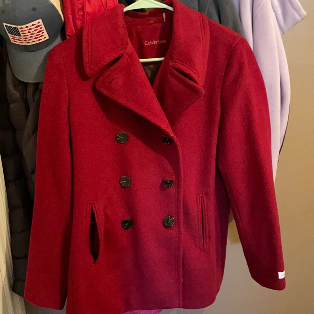 Deep red Calvin Klein coat. Great for work or casual wear. Very gently used